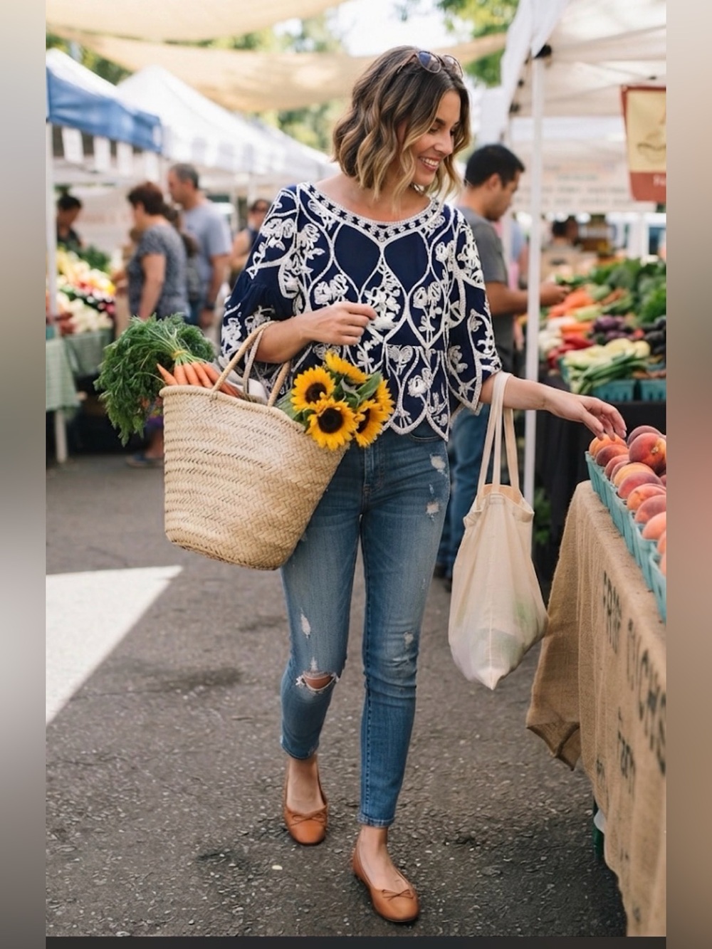 Kindred Embroidered Navy Boho Blouse | Scalloped Hem